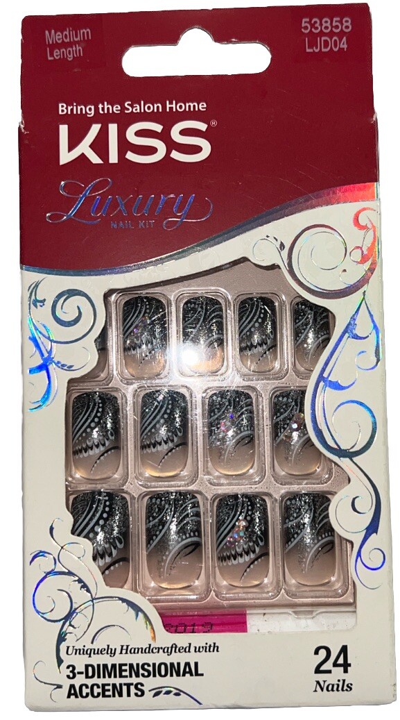 KISS Luxury Nail Kit 24 MEDIUM LENGTH #53858 3D Feather Accents New/Discontinued