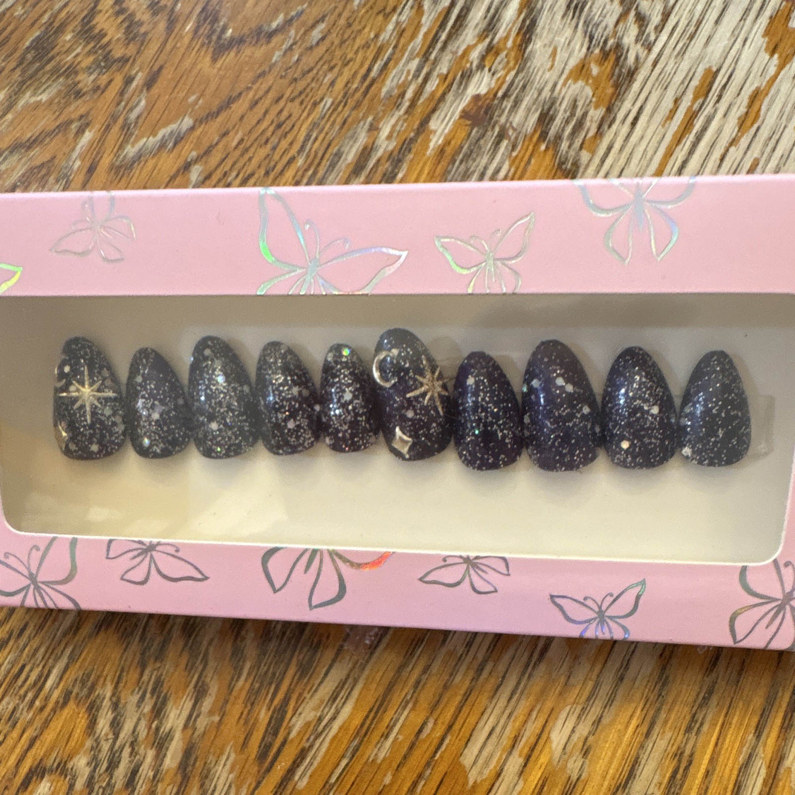 Dark Purple Glitter Star Pre-Designed Full Cover Press-On Nails Short Almond