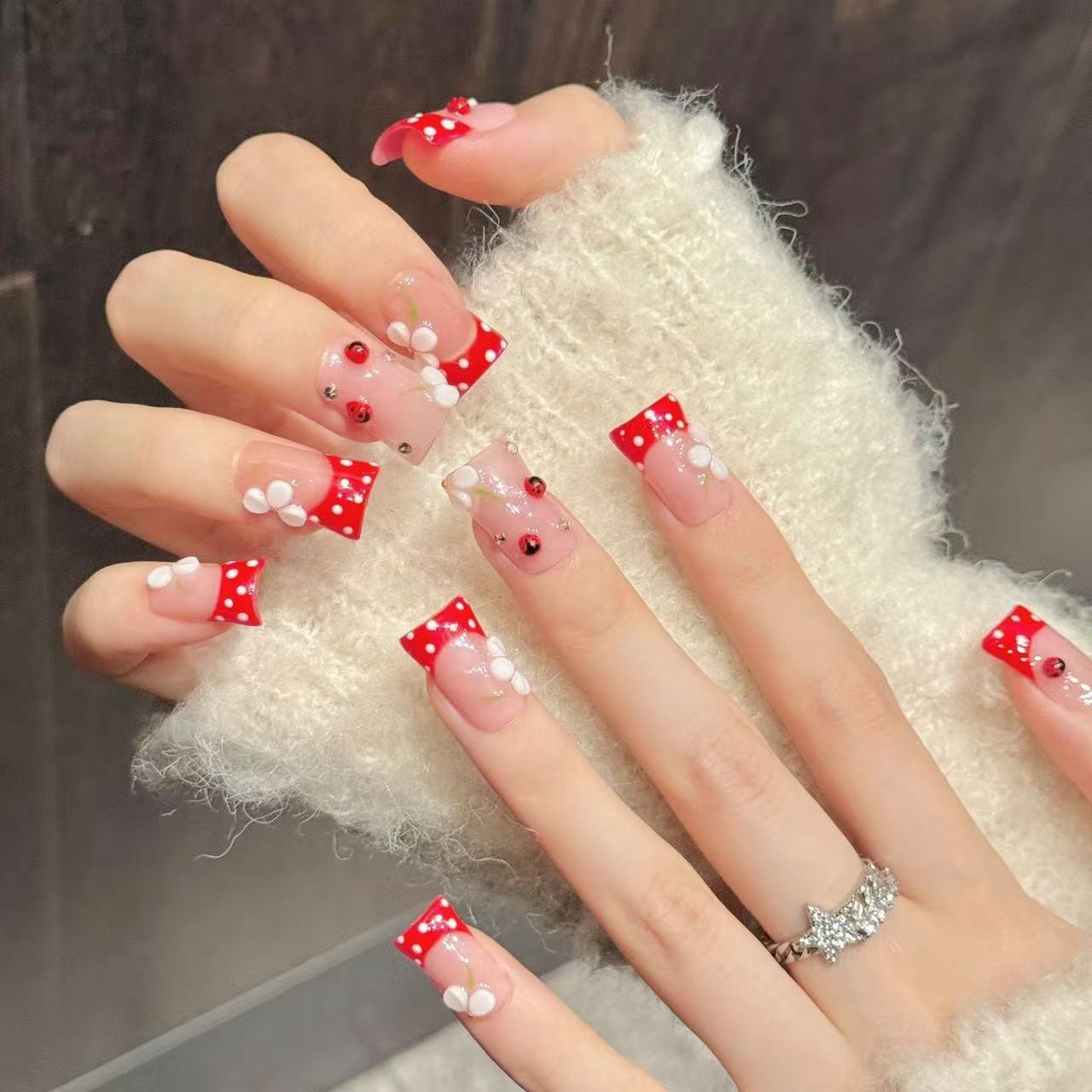 Handmad French Cheery False Nail Medium Flare Press on Nail for Nail Art