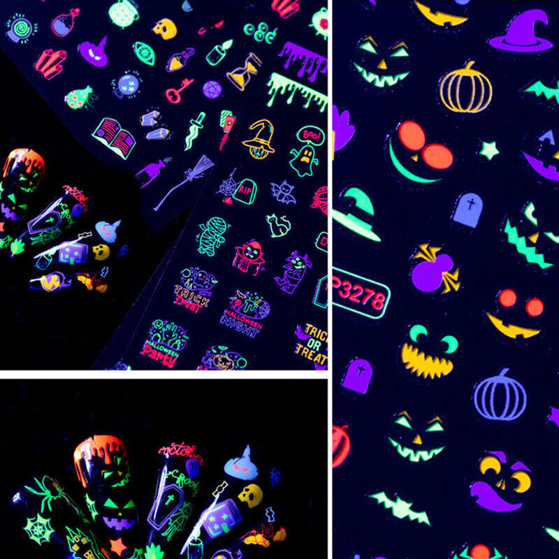 Luminous Halloween Pumpkin Ghost Skull 3D Nail Stickers Glow In Dark Decals NH16