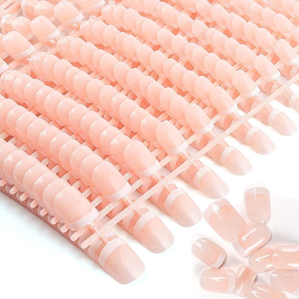 Luxury 480 Pcs Short Acrylic Fake Nails – Glossy French Tip Manicure Set