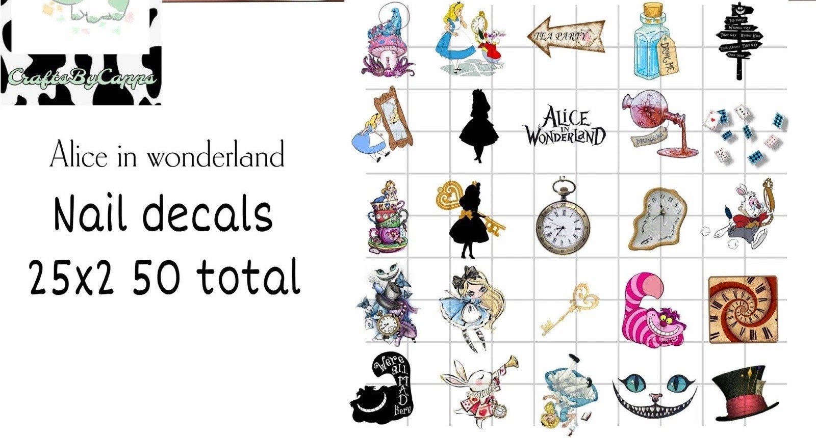 Alice In Wonderland Waterslide Nail Art Decals Set Of 50 Instructions & Bonus KC