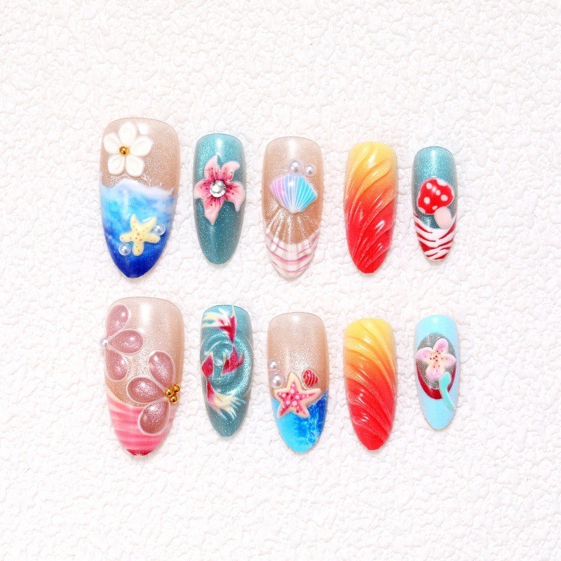 30Pcs-Colorful Fake Nails Medium Almond Ocean Goldfish Mushroom Tropical Nails