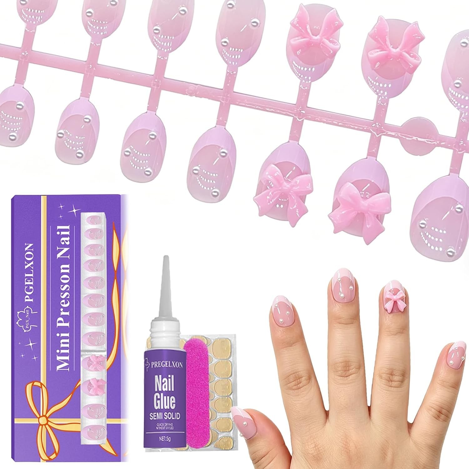 24 Pieces Press on Nails for Kids, Trendy Pearl Bow Kids Press on Nails for 6…