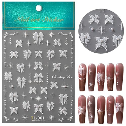Lace Bow-Knot Nail Art Stickers 5D Embossed White Lace Pearl Bow Nail Stickers