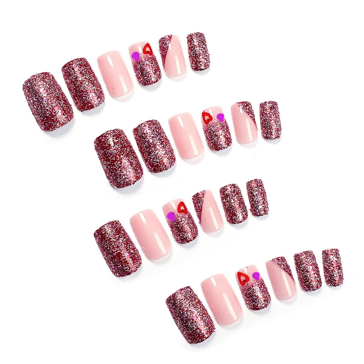 24Pcs Valentine’s French Tip Press on Nails Short Square Fake Nails Silver Gl…
