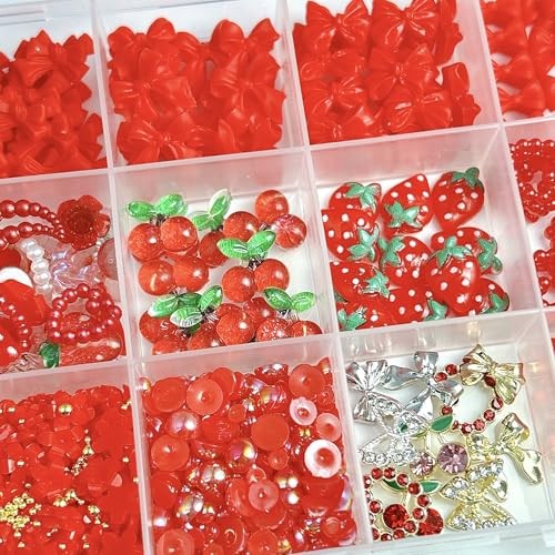 ONPRESS 15 Grids Red 3D Nails Charms Resin Fruit Nail Art Rhinestones Summer