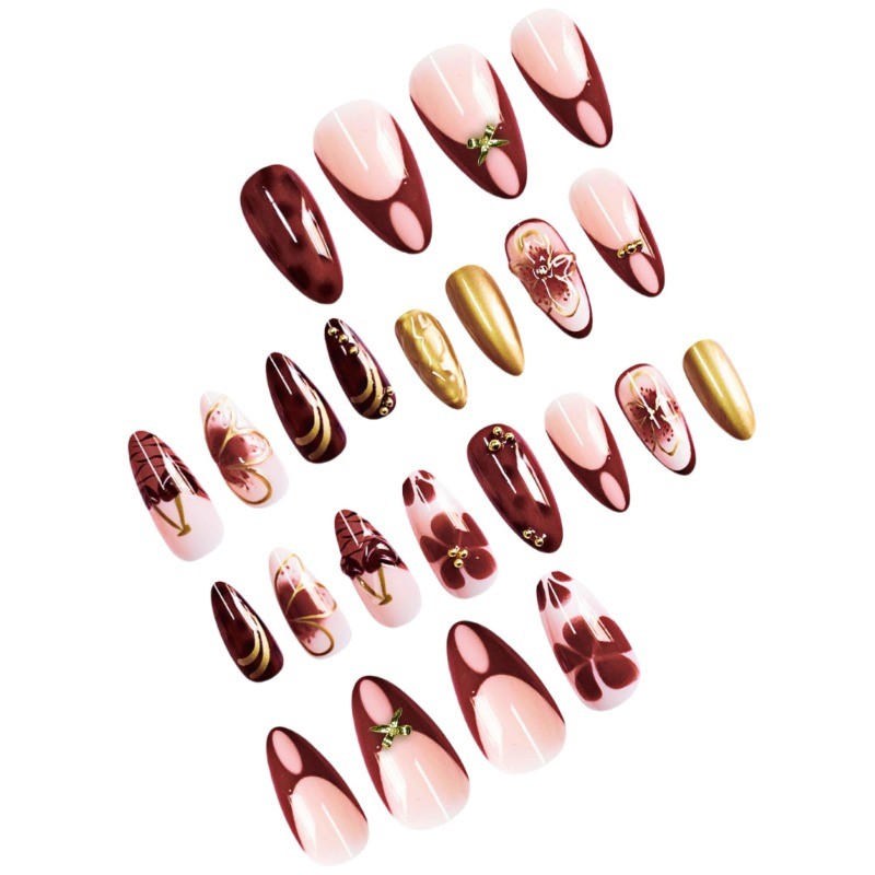 24pcs-Luxury Brown Almond Nails with Nude Base, Tortoise Print and 3D Floral Art