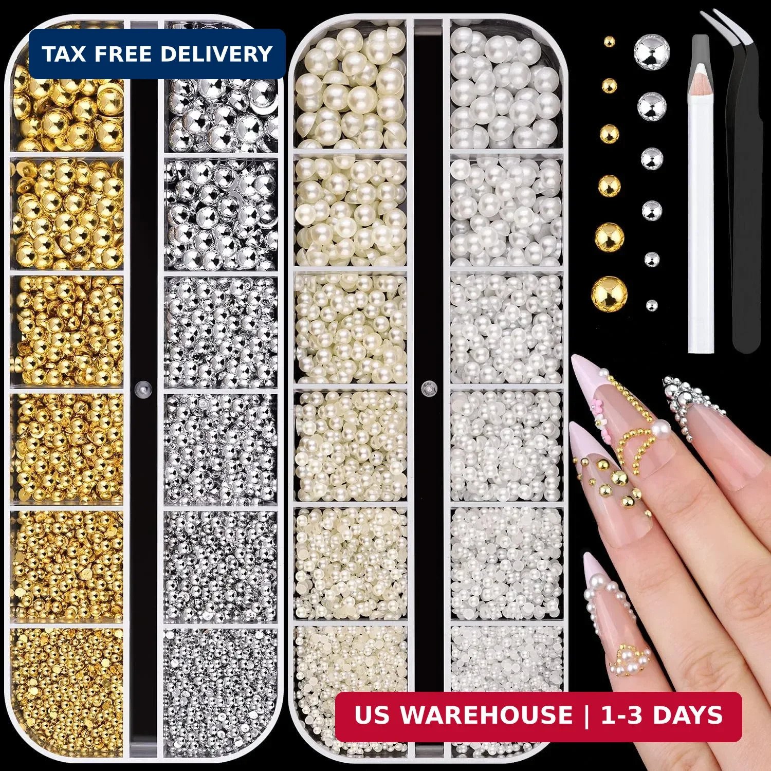 Flatback Nail Pearls Gems, Half Round Silver and Gold Nail Charms Beads and Whit