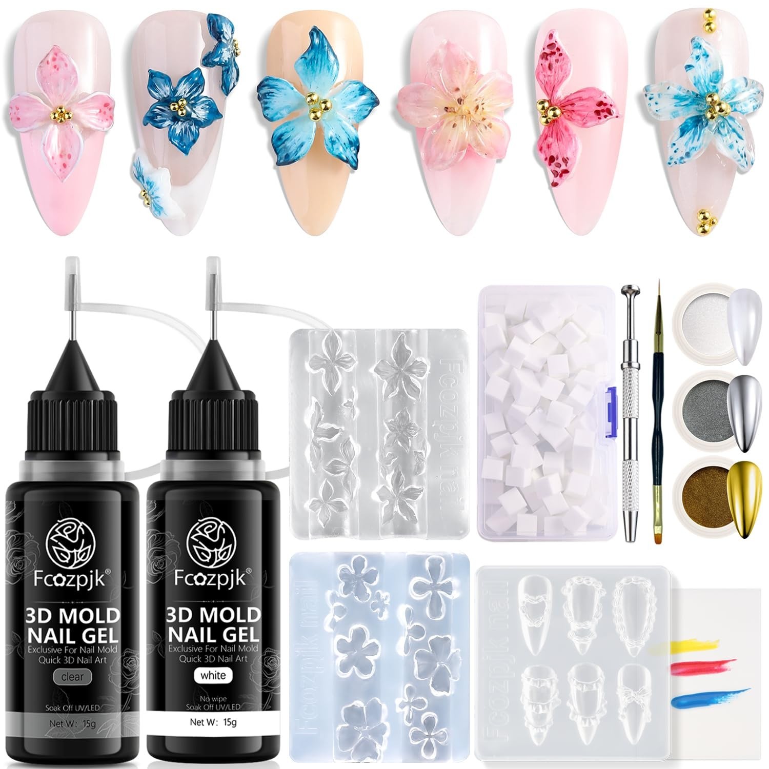 3D Gel Nail Art Starter Kit – 15ML Clear & White Sculpting Gel, Silicone Flower