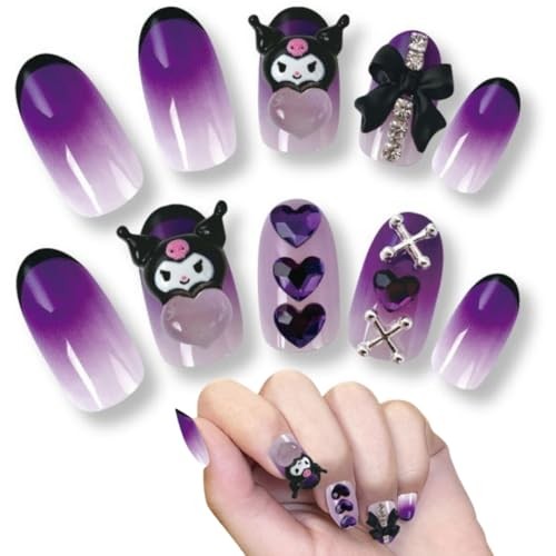 Sanrio Character Kuromi Nail Tips Peel and Stick 3D 24 Sheets Short Gradient