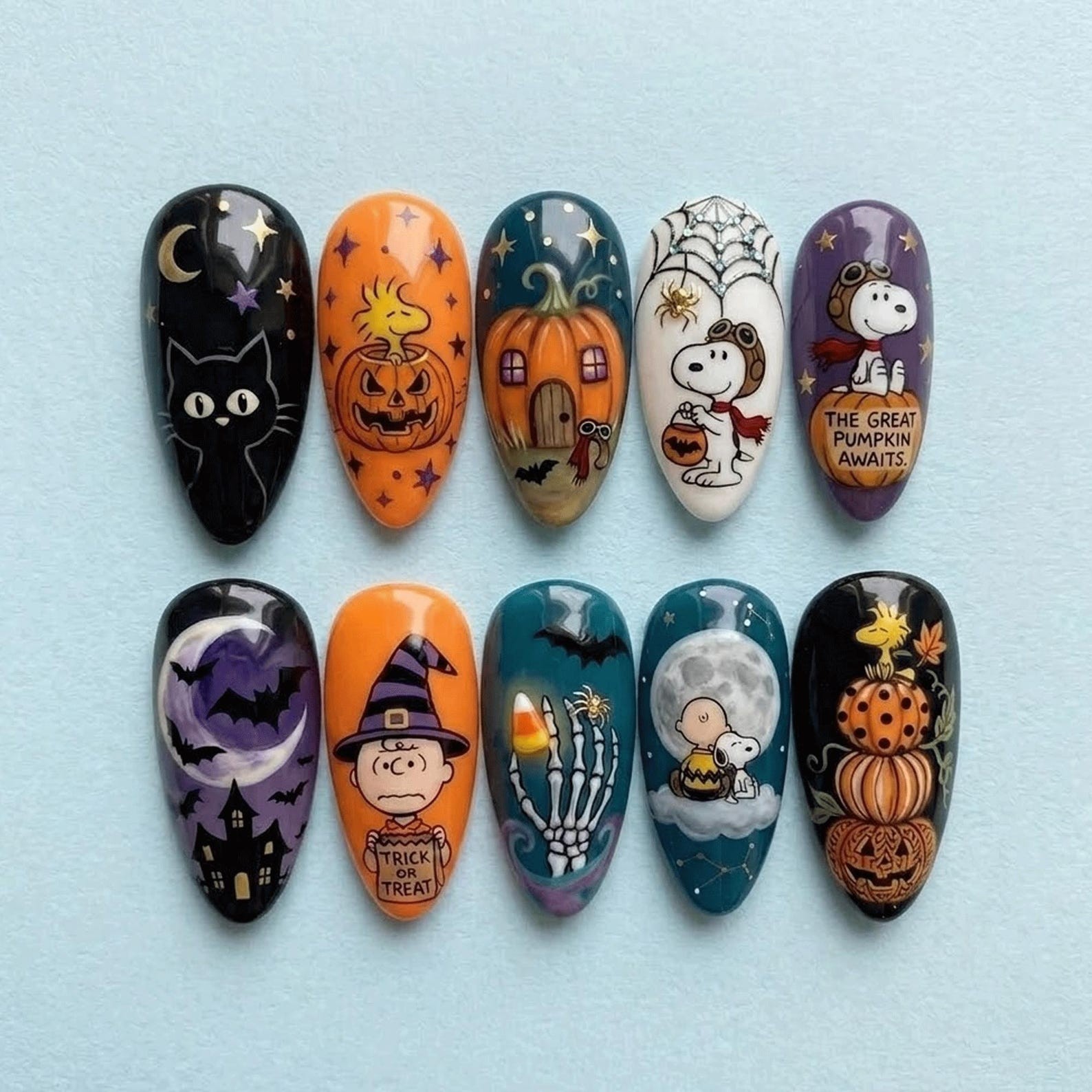 Custom Handmade Snoopy Charlie Brown Halloween Pumpkin Black Cat Press on Nail