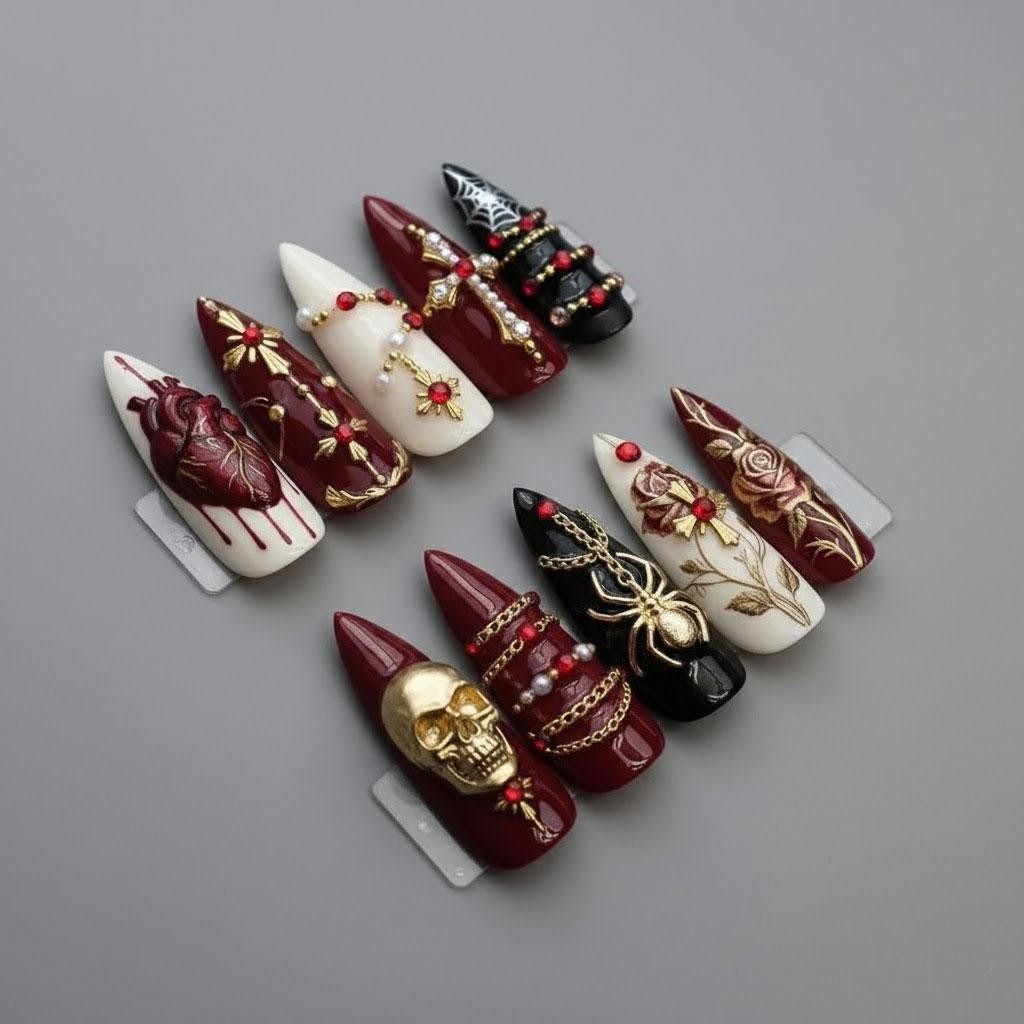Custom Handmade Gothic Heart Skull Cross Spider Rose Stiletto Press on Nails