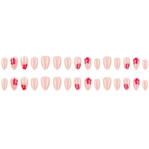 Short Press on Nails Almond Nails Pink Flower Press Ons with Design Cute Styl 6