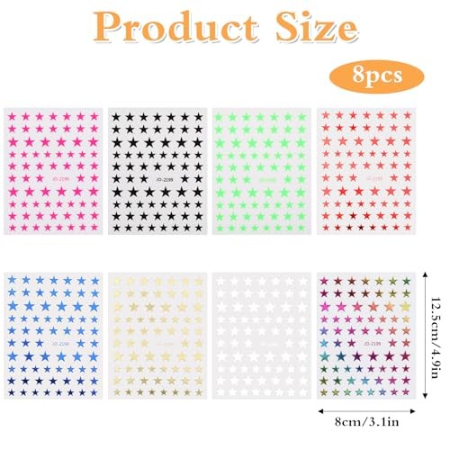 8 Sheets Mixed Color Star Nail Stickers, Self Adhesive Nail Art Decals, Gold