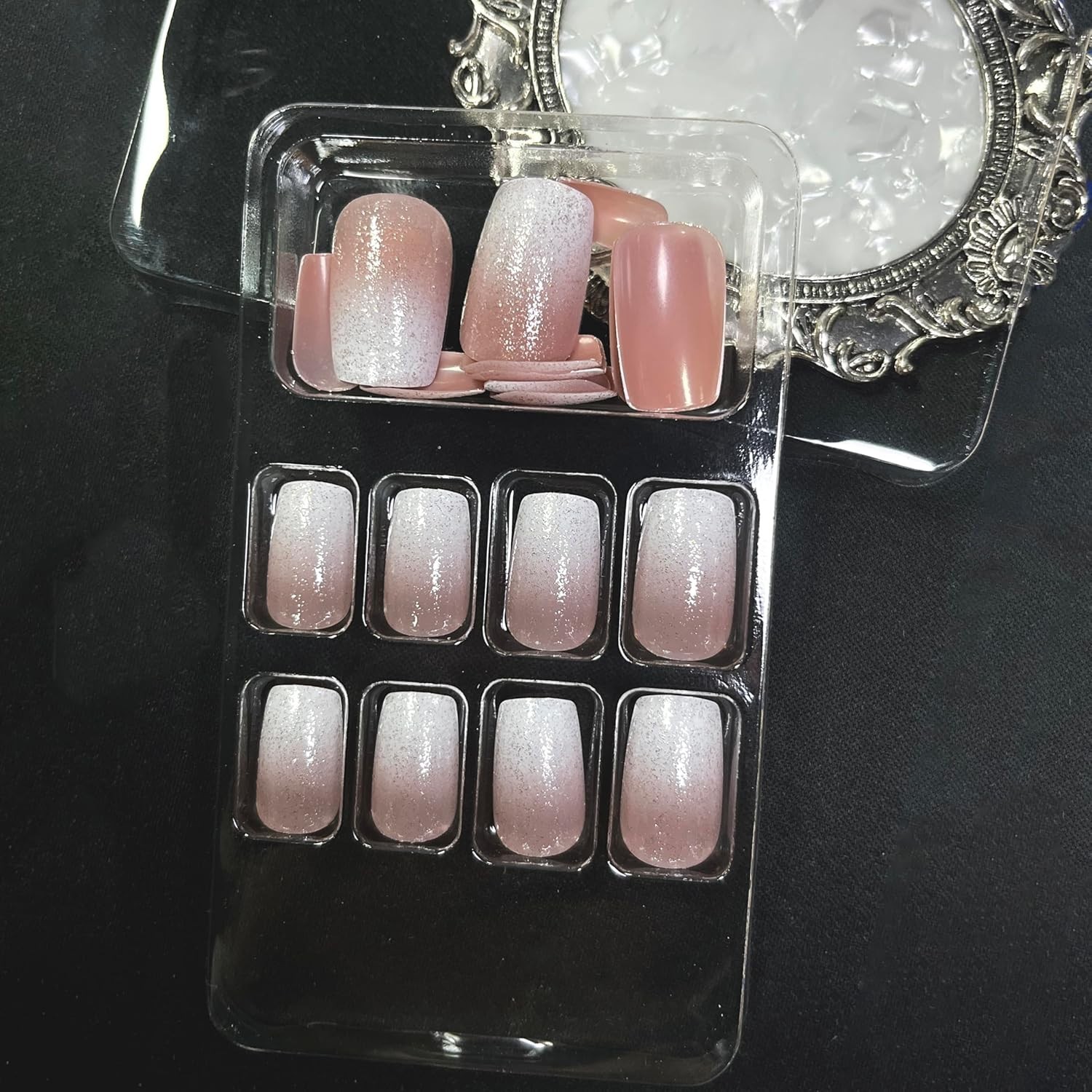 MERVF Square Press On Nails White Ombre French Tip Glitter Fake Nails Medium