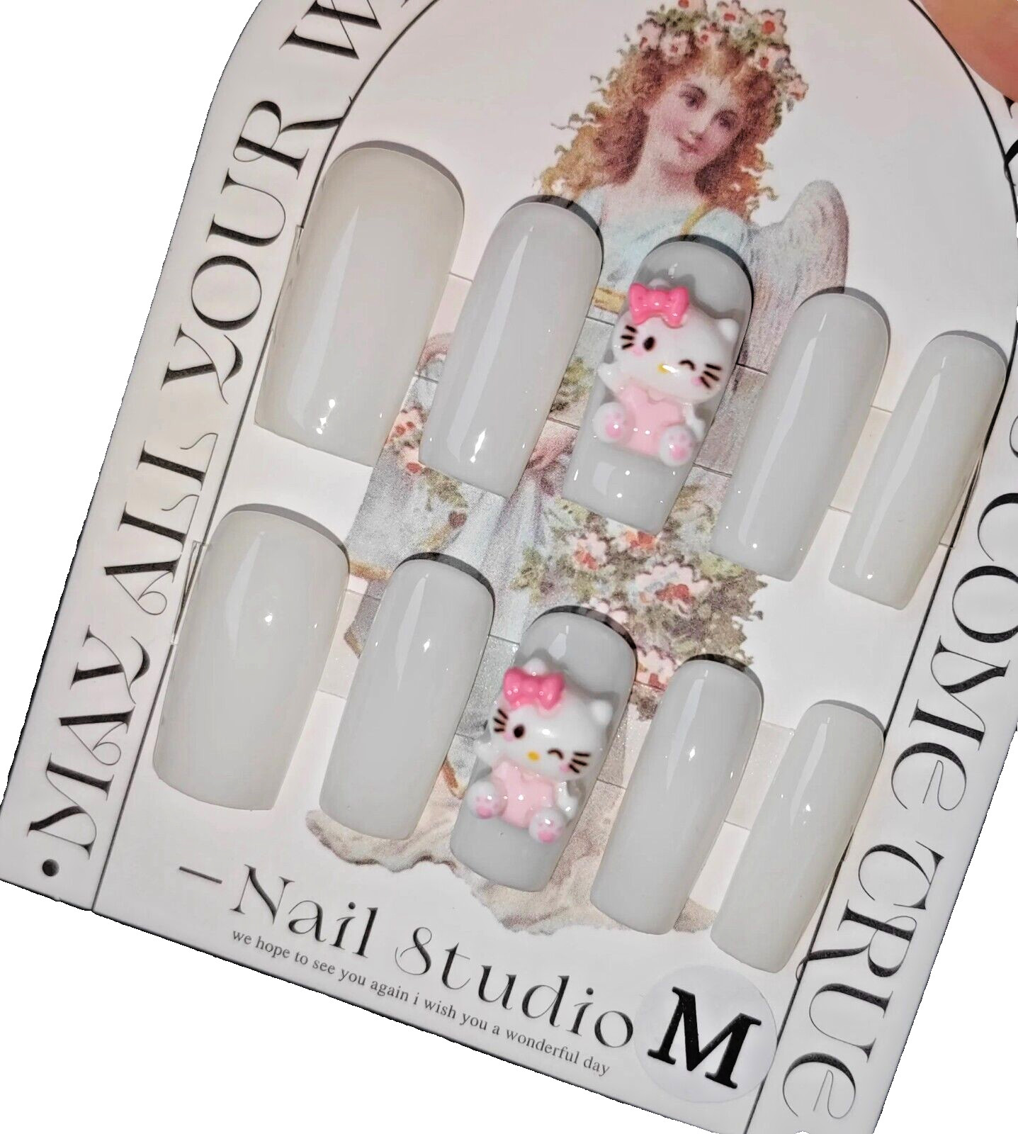 Handmade Hello Kitty Milky White Square Hard Gel Press On Nails