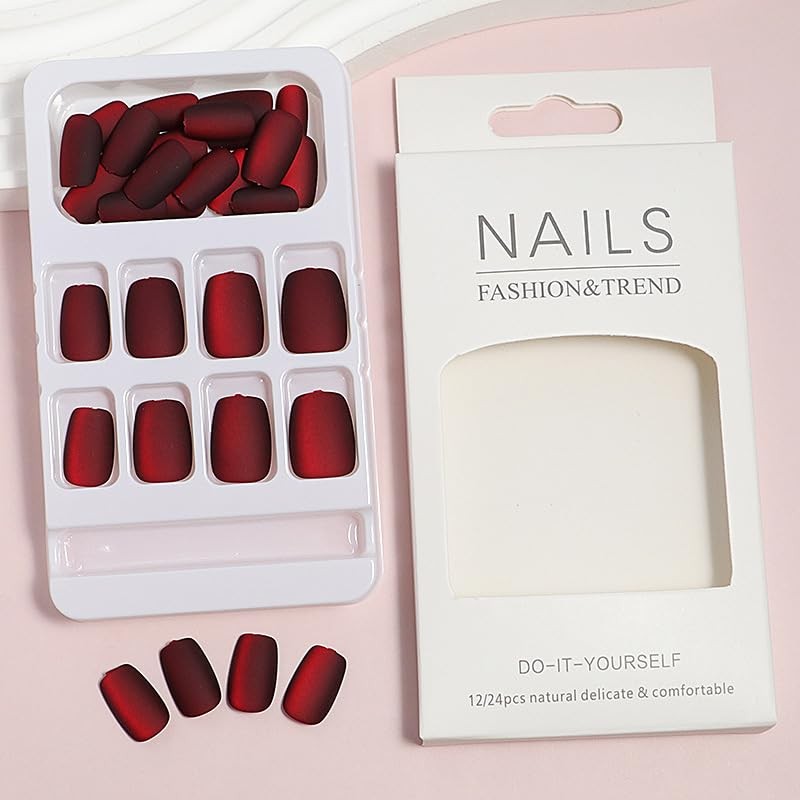 Wine Red Fake Nails Square Press on Nails Short Square (Pack of 30) Style 26