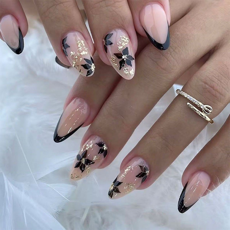 48PCS Long Almond Nail Press Reusable Bare Powder Ribbon Black Flower Fake Nails