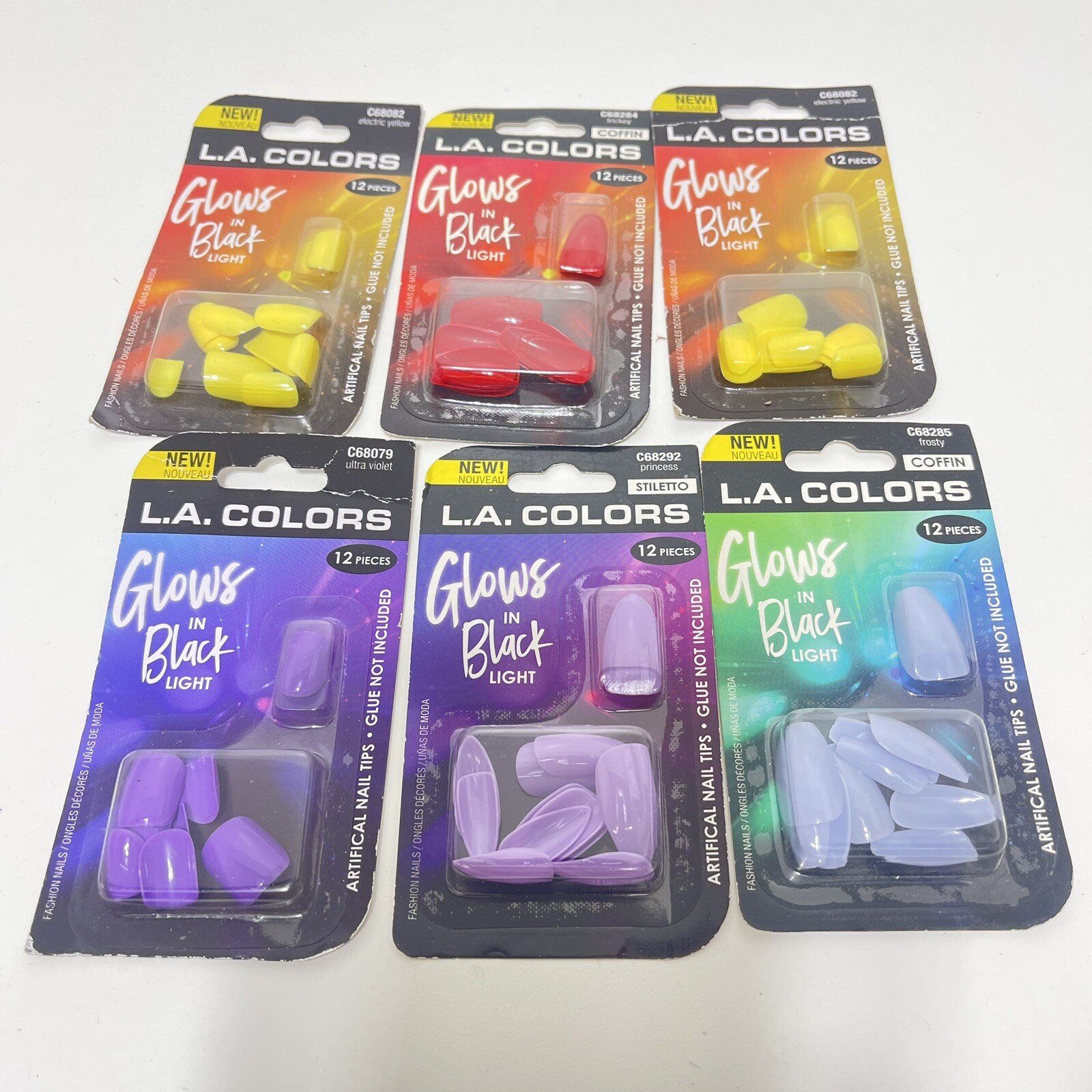 6 New L.A. COLORS Glows In Black Light Artificial Fake Nails