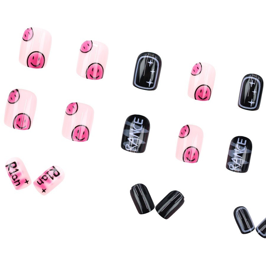 48 Pcs Letter Smiley Press on Nails, Short Square Black Nude Trendy Fake Nails