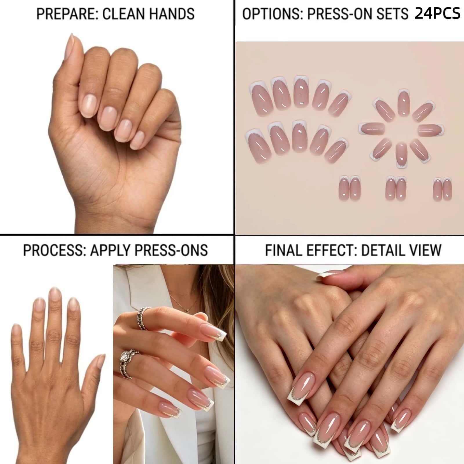 24PCS French Tip Press On Nails, Nude Square Glossy Fake Nails with White Sil…