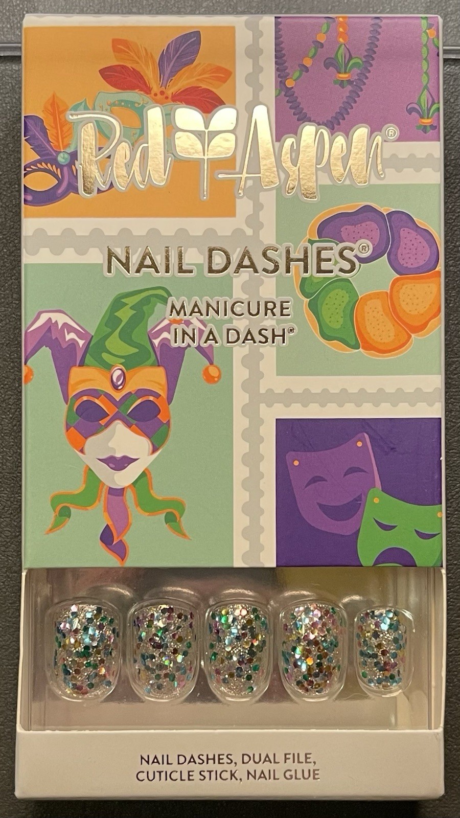 Red Aspen Press On Nails, Short Square, Groovin’ at Mardi Gras, Manon