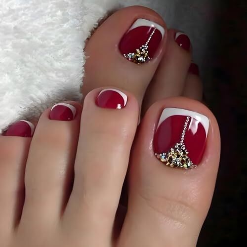 Red Press on Toenails French Tip Fake Toenail Rhinestone False Nail Style-18