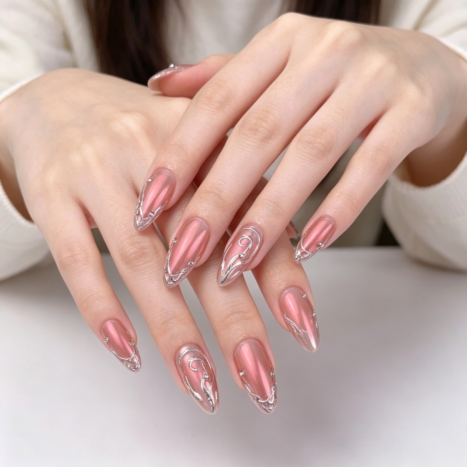 Handmade Chrome Pink Press On Nails Medium Almond 3D Metal Rose Y2K Punk Glam