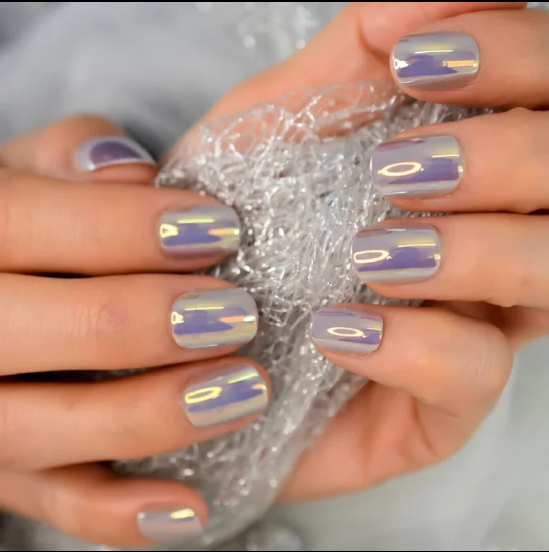 24 Short Chrome Press on nails kit w glue pale gray oil slick pink