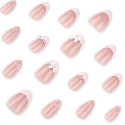 24pcs White French Tip Press on Nails Short Almond Fake Nails with Pink Bow -6