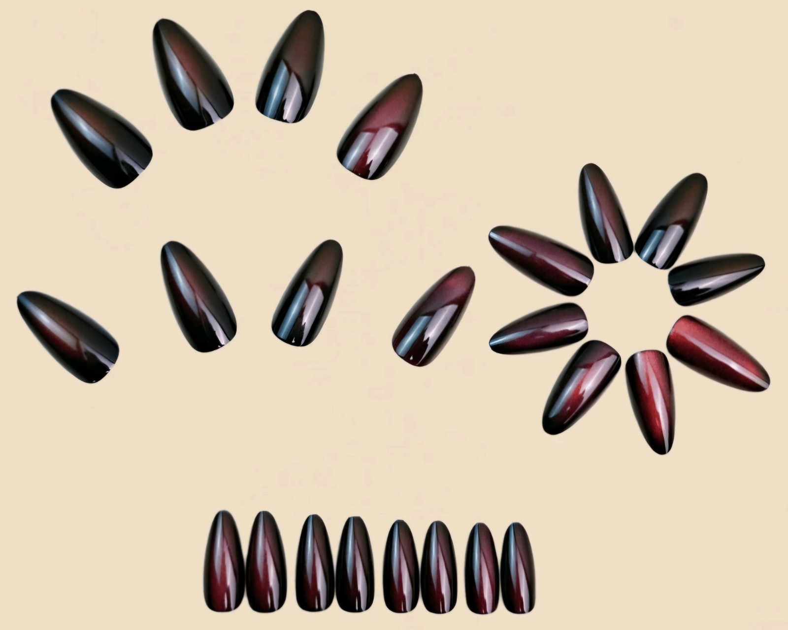 Press-On Nails Burgundy French Styled Ombre Long Almond Shaped