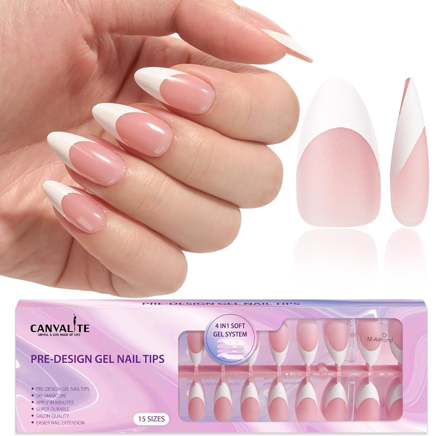 French Tip Press on Nails Almond Gel Nail Tips Short Medium Pink White 300pc