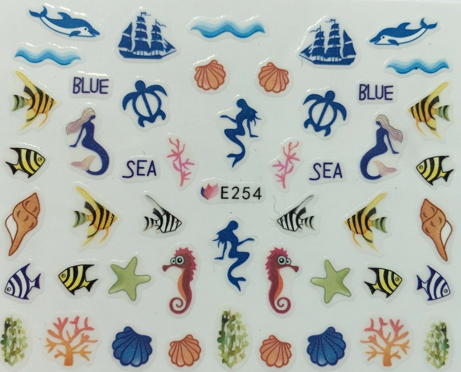 Nail Art 3D Decal Stickers Fish Blue Sea Horse Mermaid Sail Boat Turtle E254