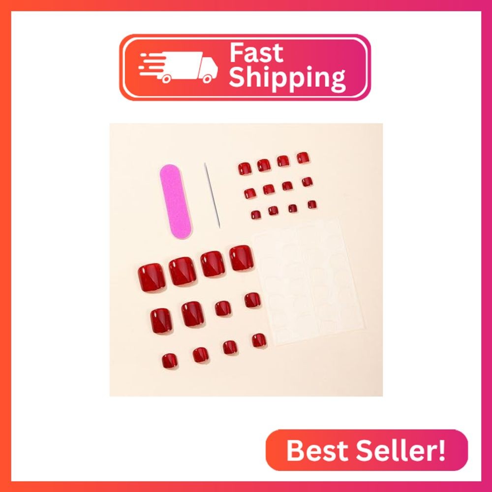 Tyuimhx Wine Red Cat Eye Press On Toenails – 24Pcs Square Fake Toe Nails With Gl