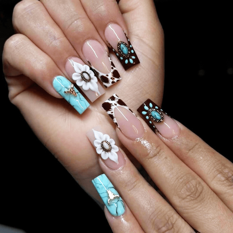 48Pcs-Long Coffin Western Cow Print Turquoise 3D Flower Press on Nails Set