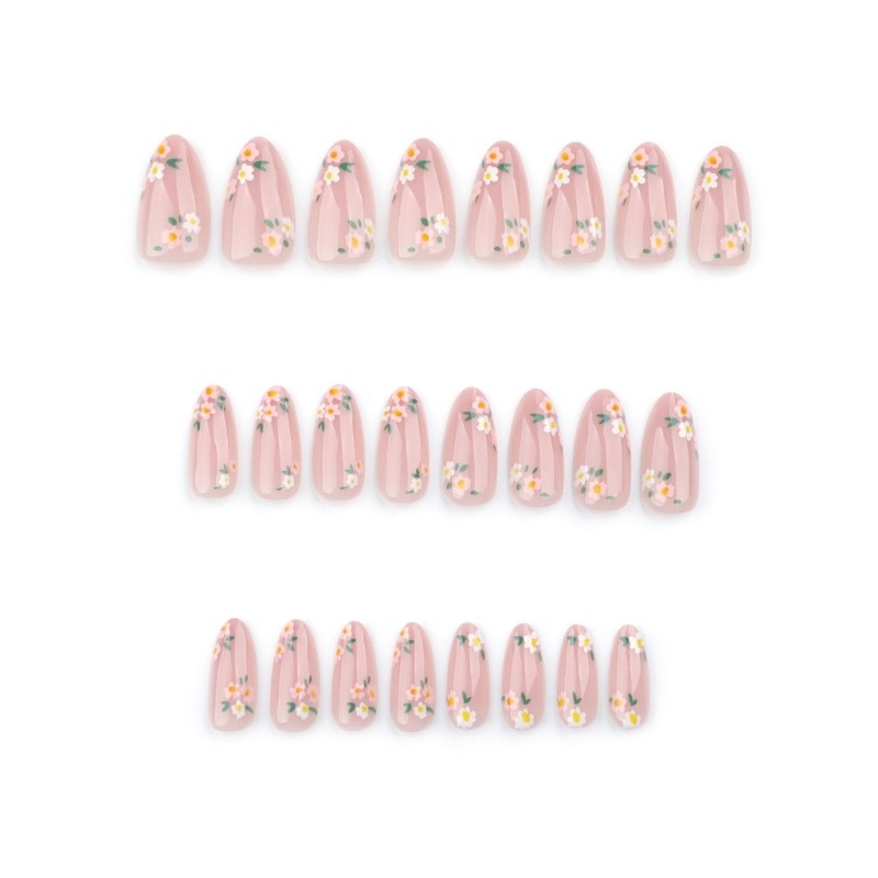 24 Pcs Lovely Flowers False Nail Sweet Press On Nail Almond Shape Acrylic Nail