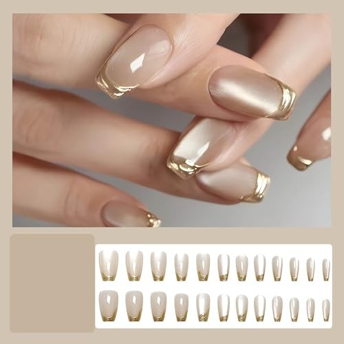 Medium Press on Nails Gold French Tip Fake Nails Cat Eye Medium Style-Z5Z11