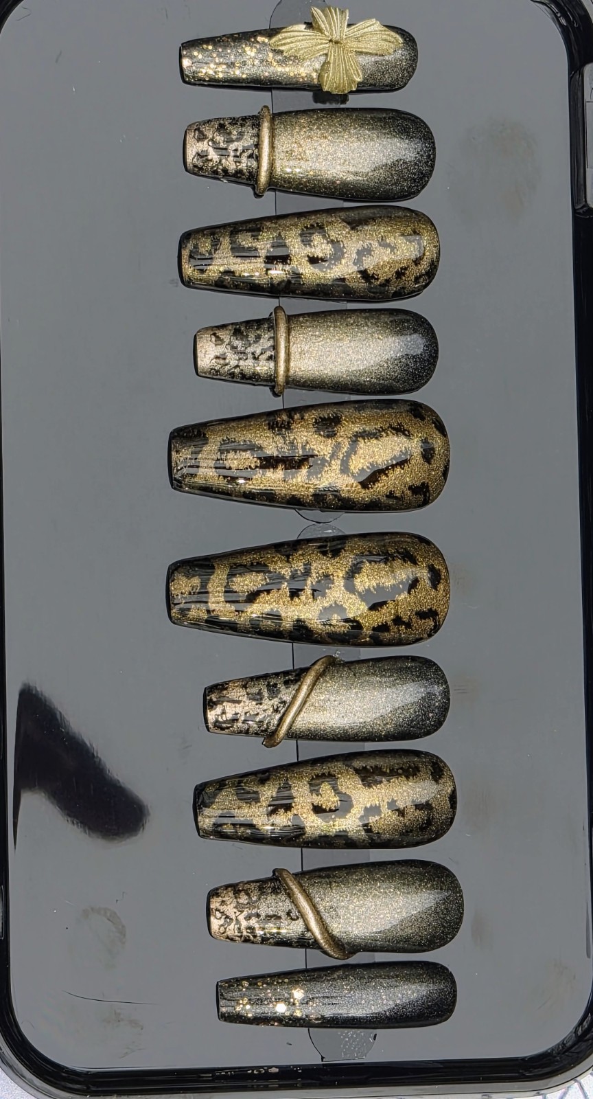 Gold Black Glitter Leopard Coffin Press-On Nails Pre-Designed Full Cover