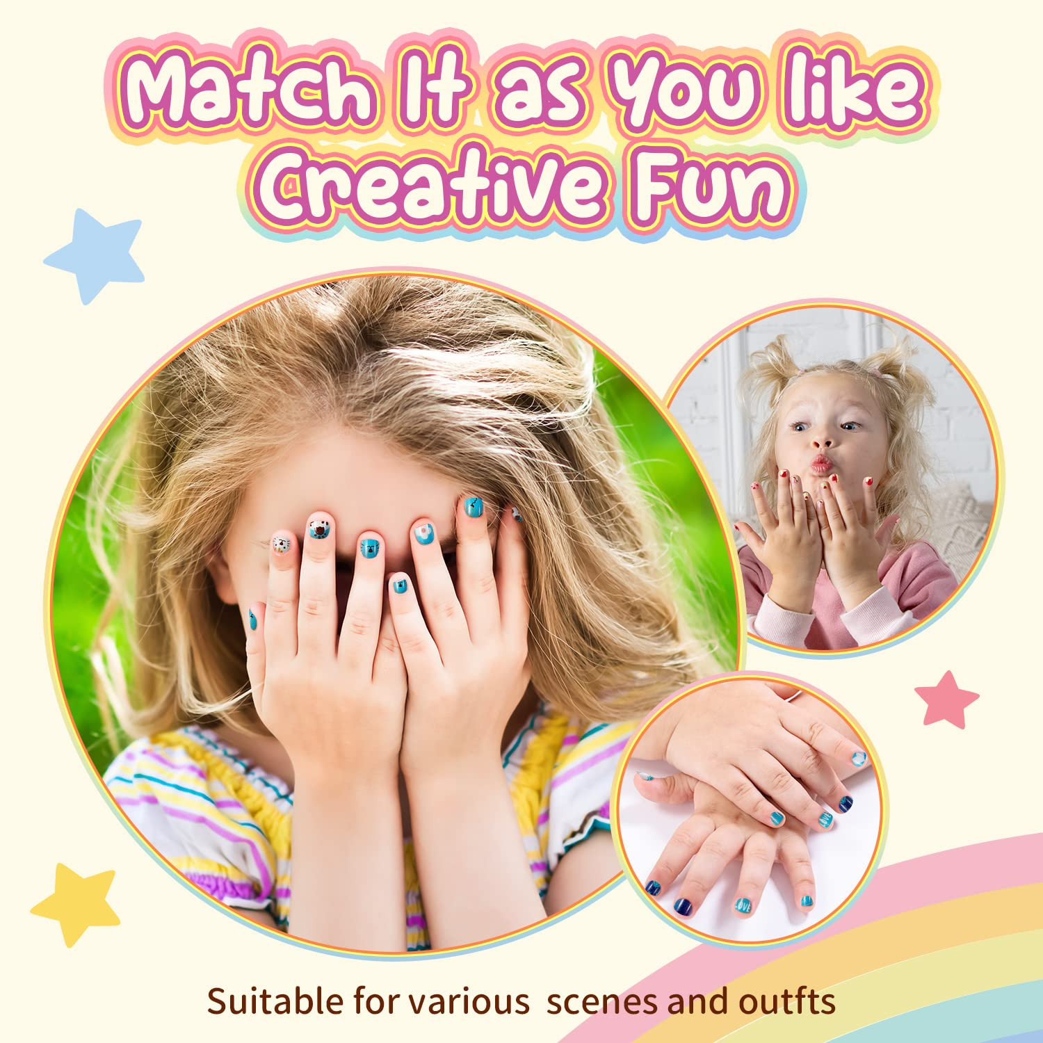 Modelones Press on Nails for Kids 144Pcs 6 Pack Children Acrylic Fake Nails Pre-