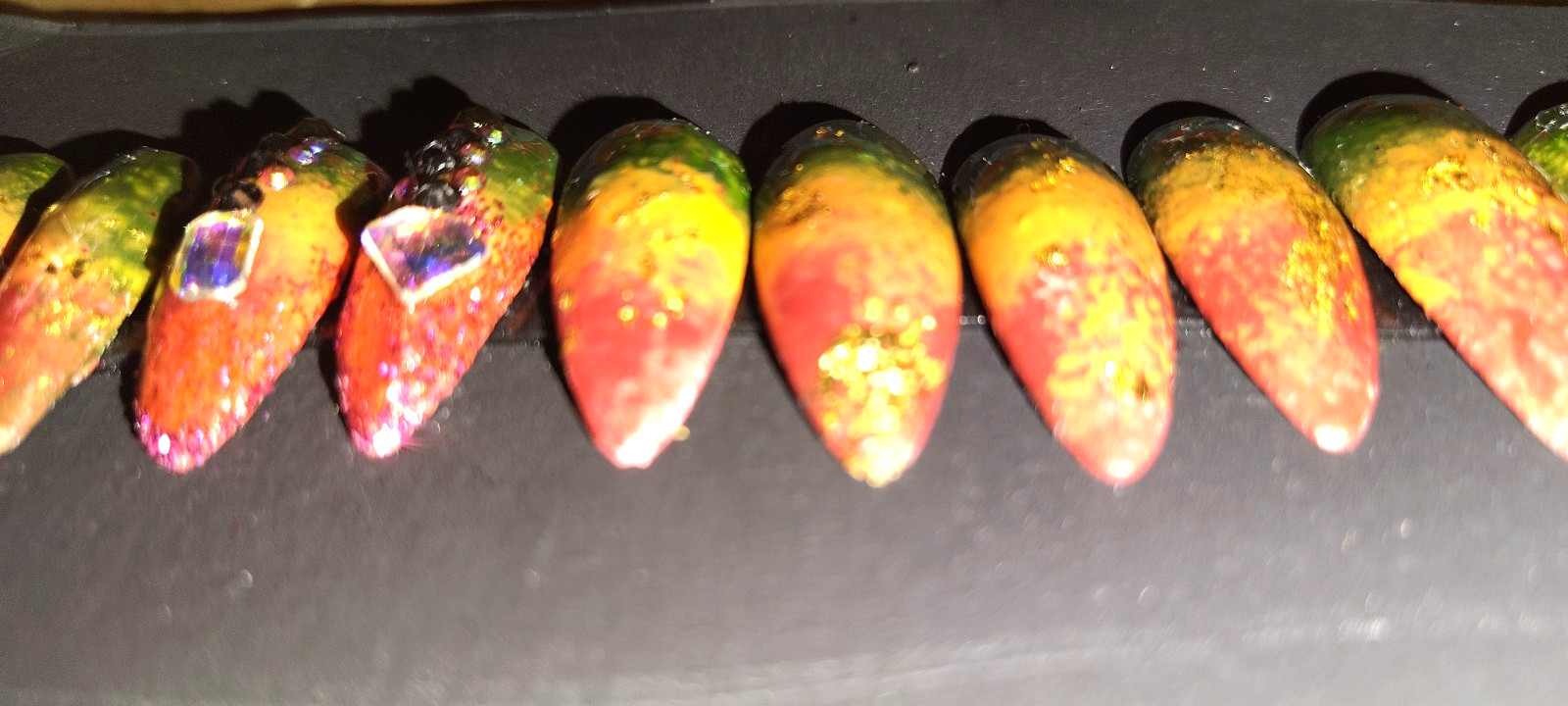 KFN ​Press On Nails| Rasta Ombre Almond Gel Glass Finish Gold Swarovski Design