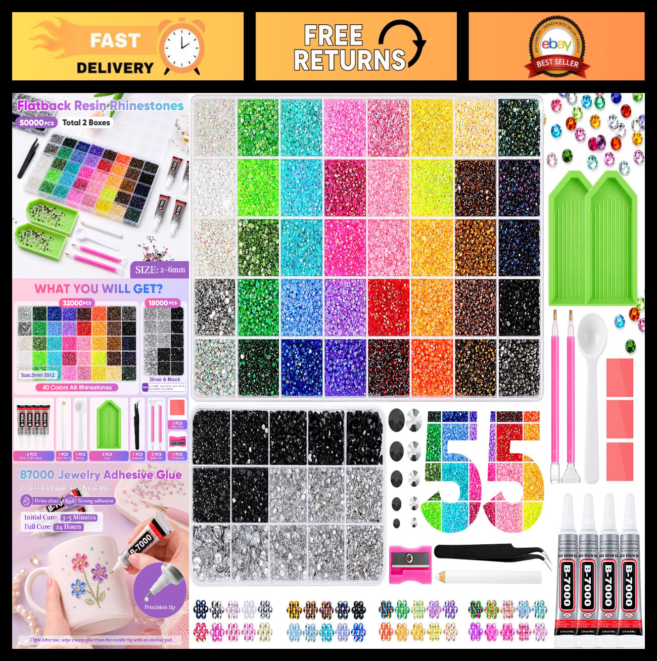 50000Pcs Multicolor Jelly Rhinestones Kit for Diamond Art & Nail Crafts, Flatbac