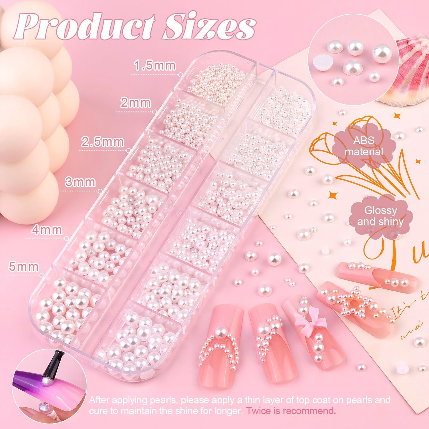 8000Pcs Nail Pearls and Colorful Rhinestones for Nail Art, White Pearl Nail Char