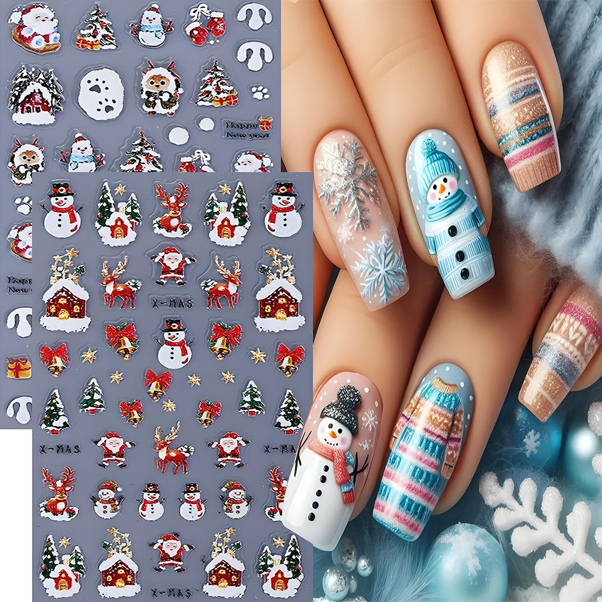 2 Sheets Embossed Christmas Nail Stickers for Nail Art Santa Claus Snowman Na…