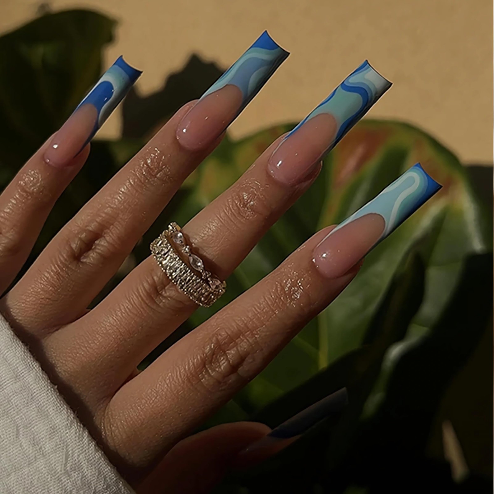 Press On Nails Long Coffin Fake Nails Nude Blue Swirl Wave French Tip Glossy …
