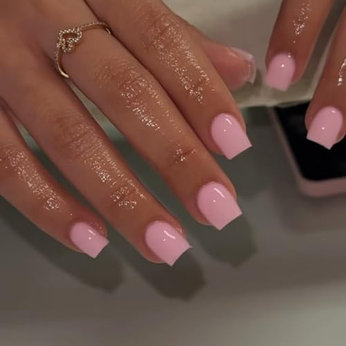48 Pcs Baby Pink Press on Nails Short Length, Acrylic Solid square baby pink
