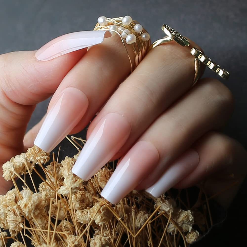 Natural Nude Pink Ombre Press On Nails Extra Long Coffin Ballerina Fake Nails
