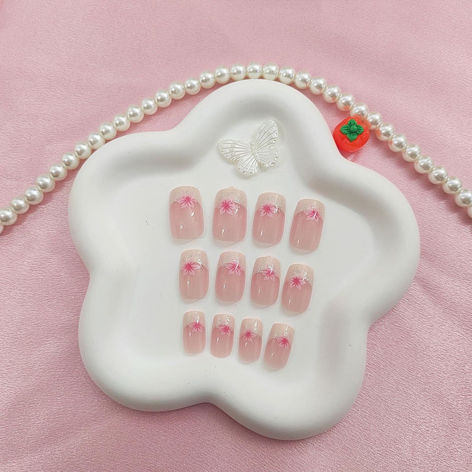 Medium Press on Nails Square Fake with Pink Medium, white pink nude