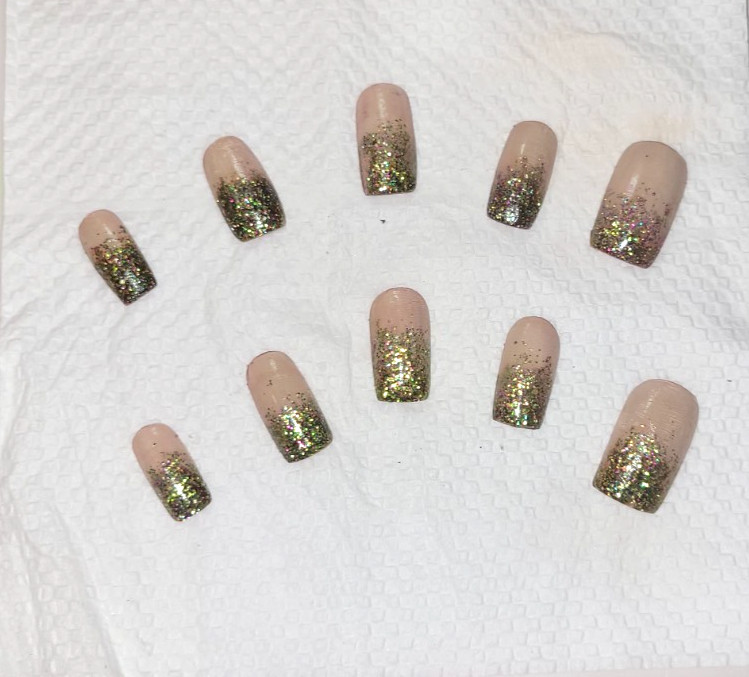 press on nails| Baby-Glam glittler| Green Nude| Large| Handmade Acrylic Full Set
