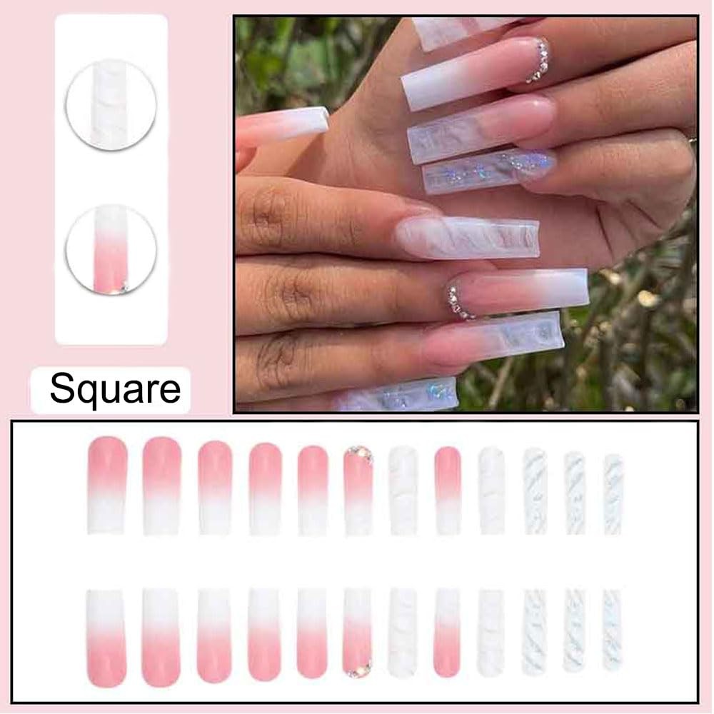 Ombre Pink White Press on Nails Long, with Rhinestones A01